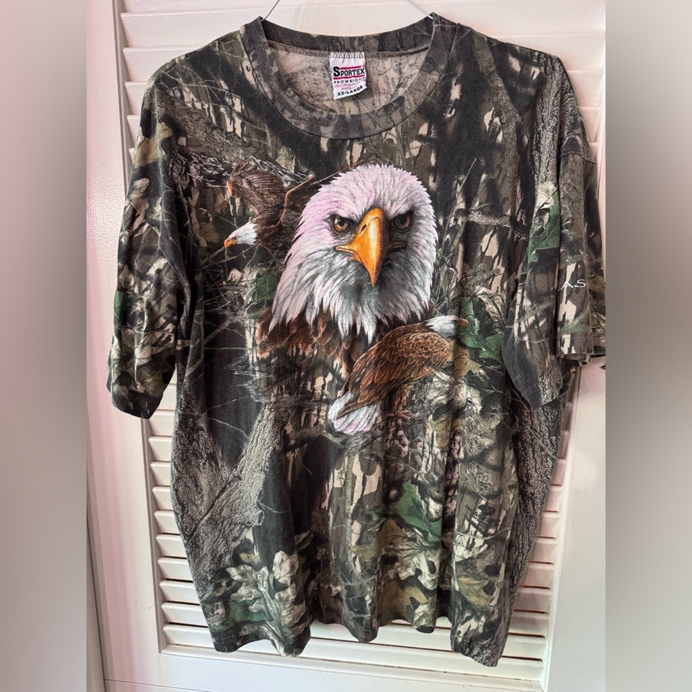 VINTAGE HUNTING MOSSY OAK BREAK UP CAMO EAGLE PRINT TEE SHIRT 1990S SIZE XXL